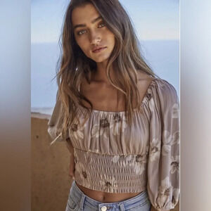 Anthropologie By Together Women's Taupe Floral Print Crop Top Size Medium